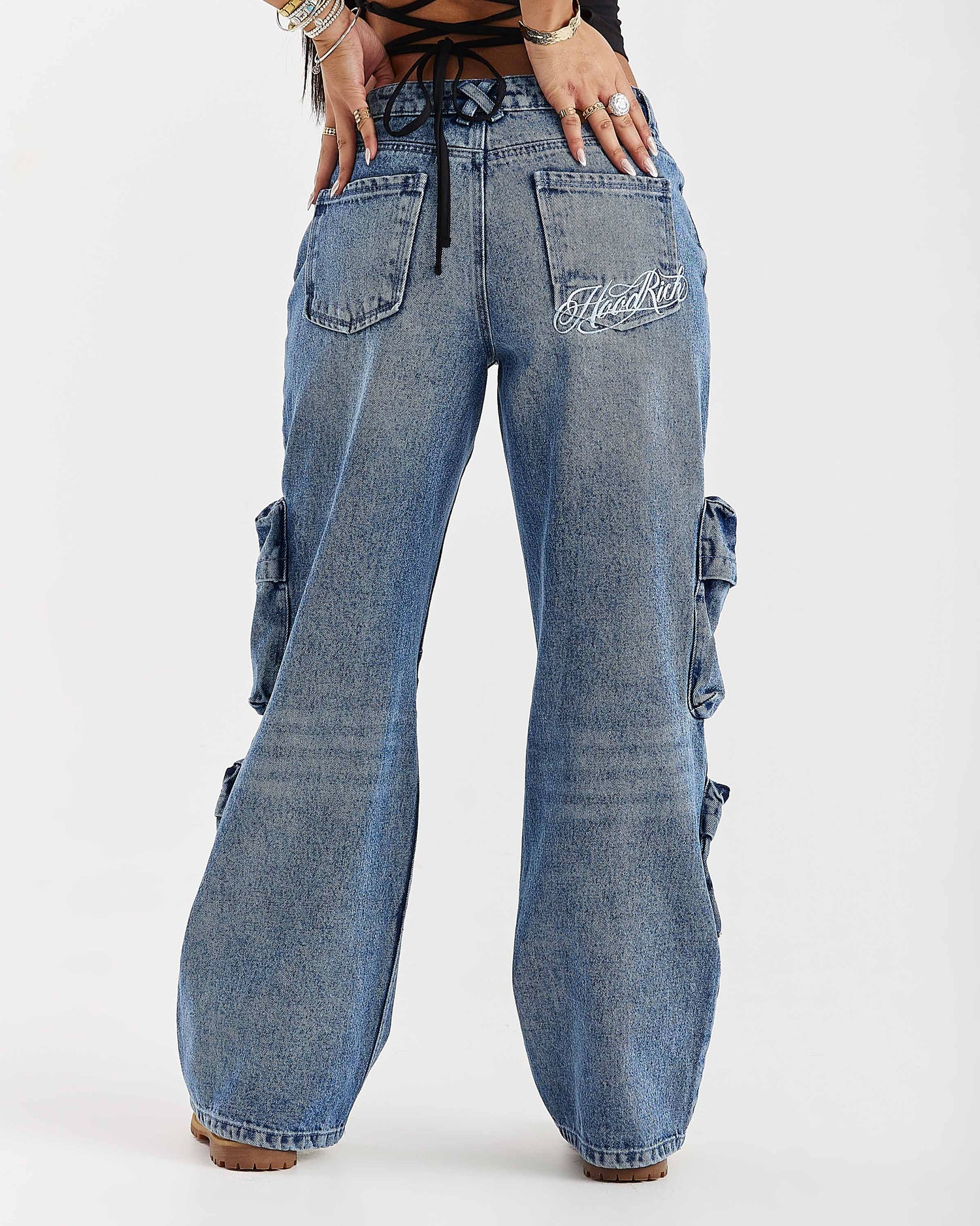 Token Wide Leg Cargo Jeans - Washed Mid Blue