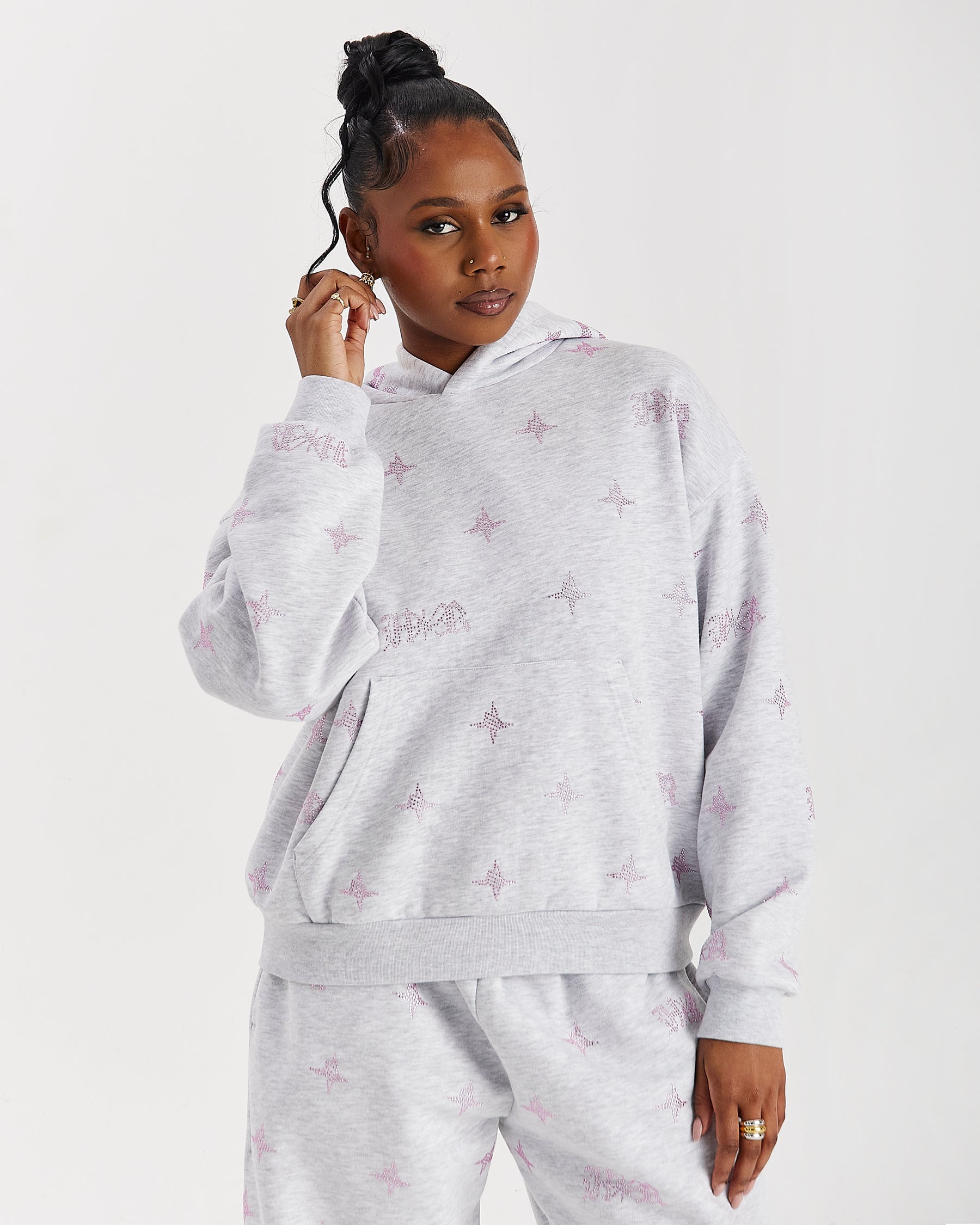 Razor Mid Length Hoodie - Light Grey/Rhinestone