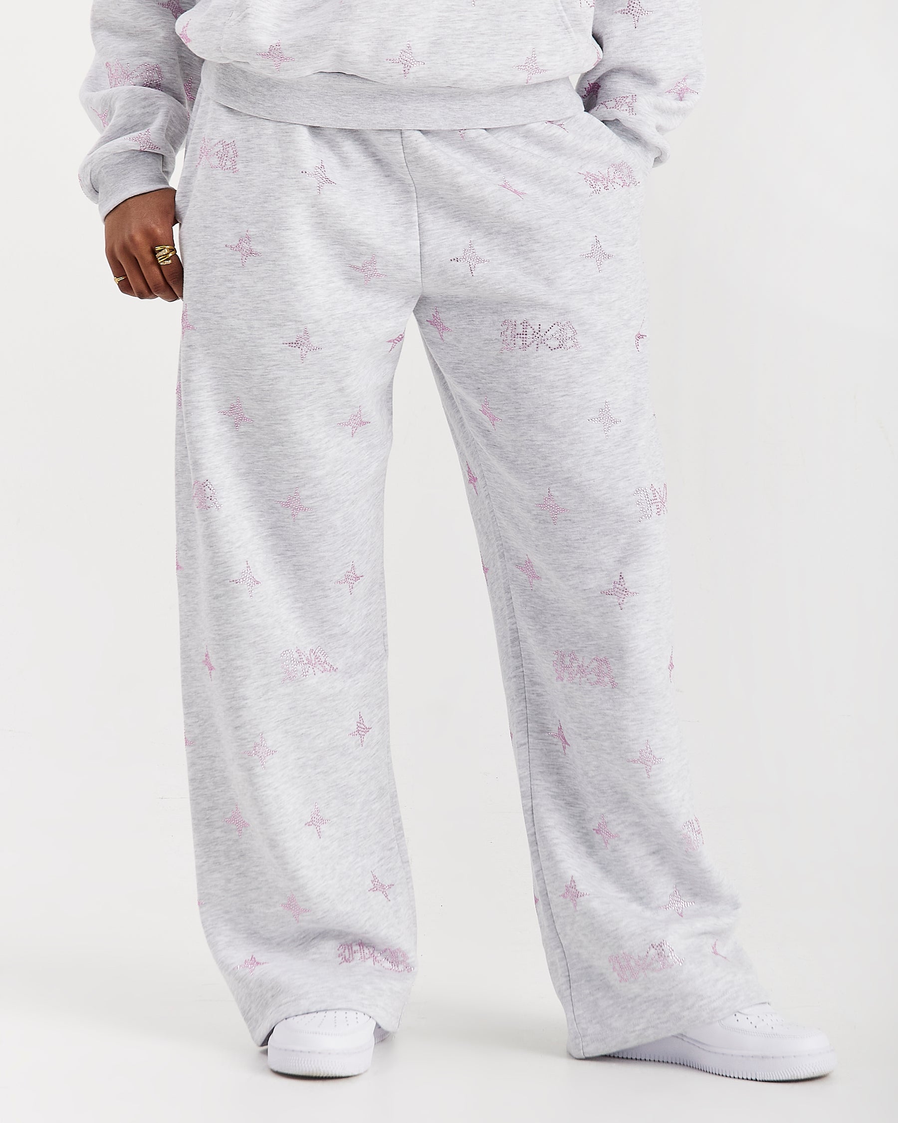 Razor Oversized Wide Leg Joggers - Light Grey/Rhinestone