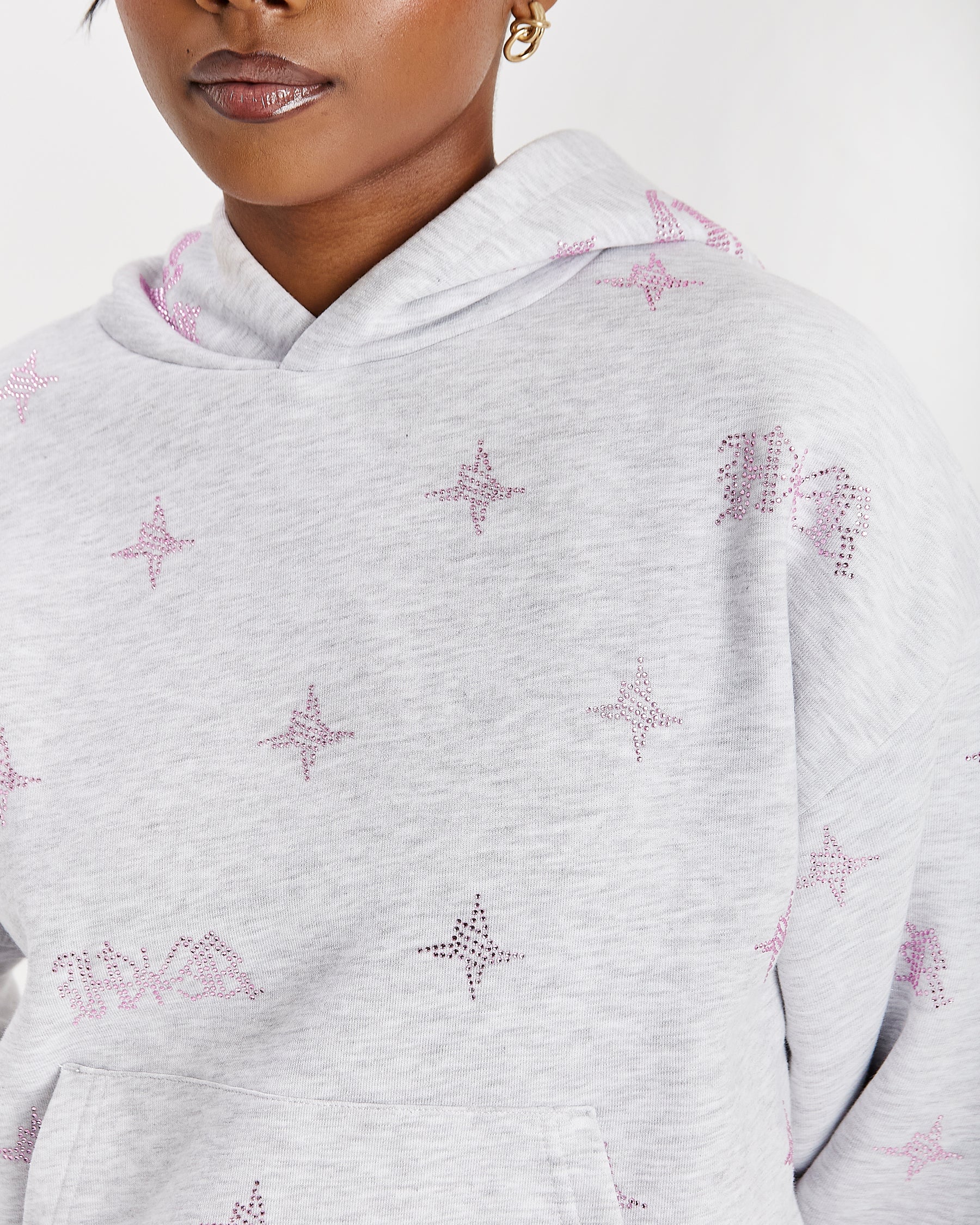 Razor Mid Length Hoodie - Light Grey/Rhinestone