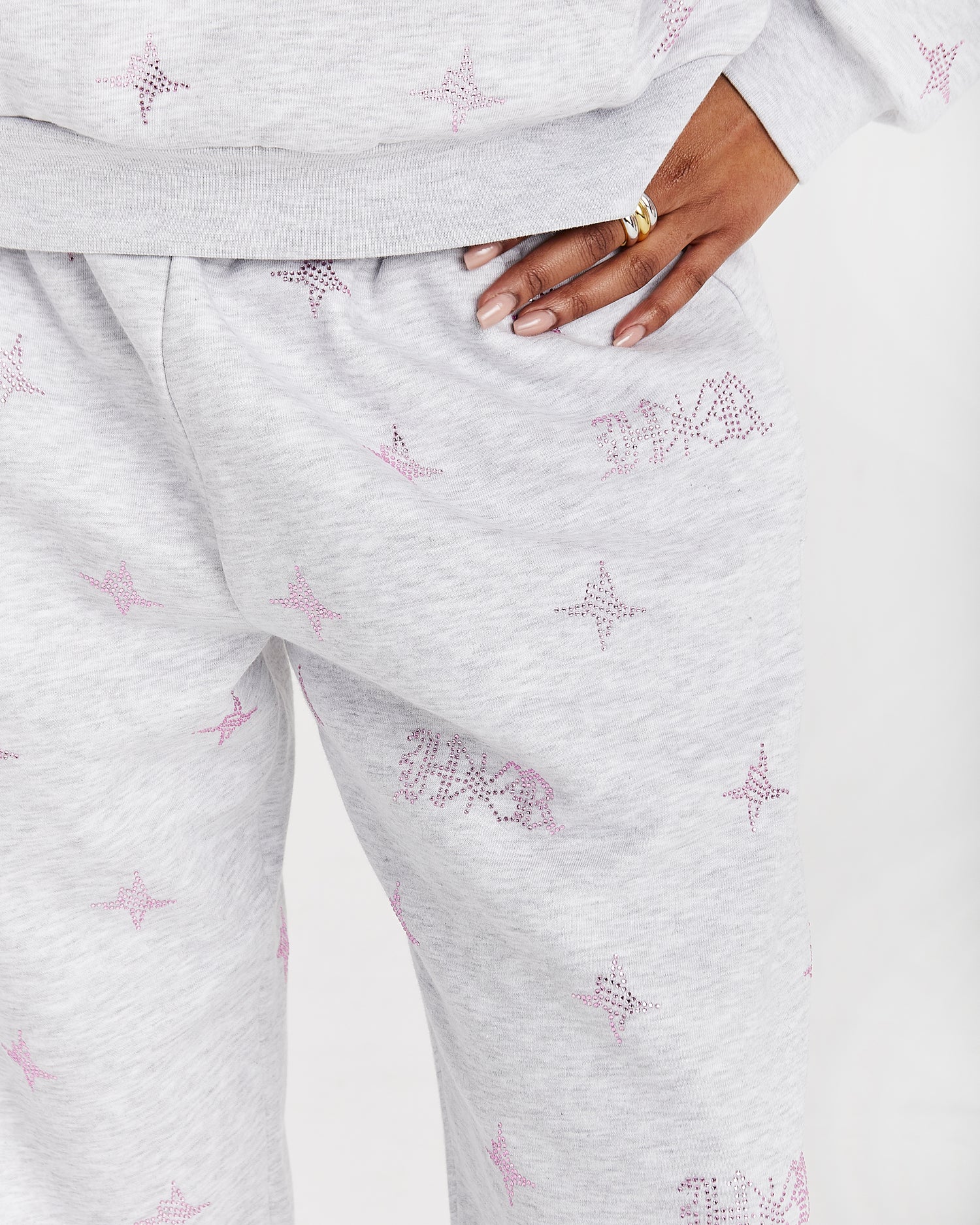 Razor Oversized Wide Leg Joggers - Light Grey/Rhinestone