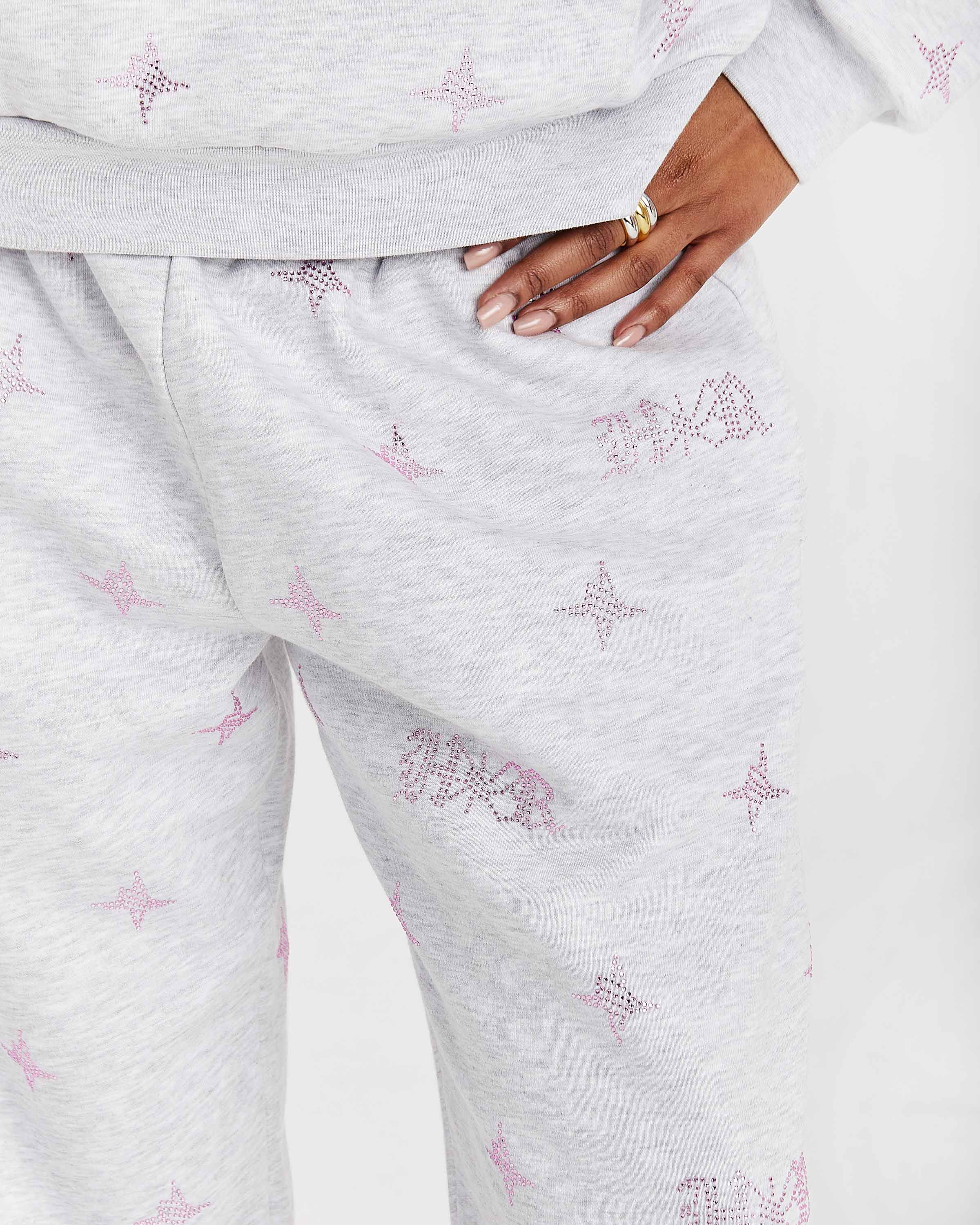 Razor Oversized Wide Leg Joggers - Light Grey/Rhinestone