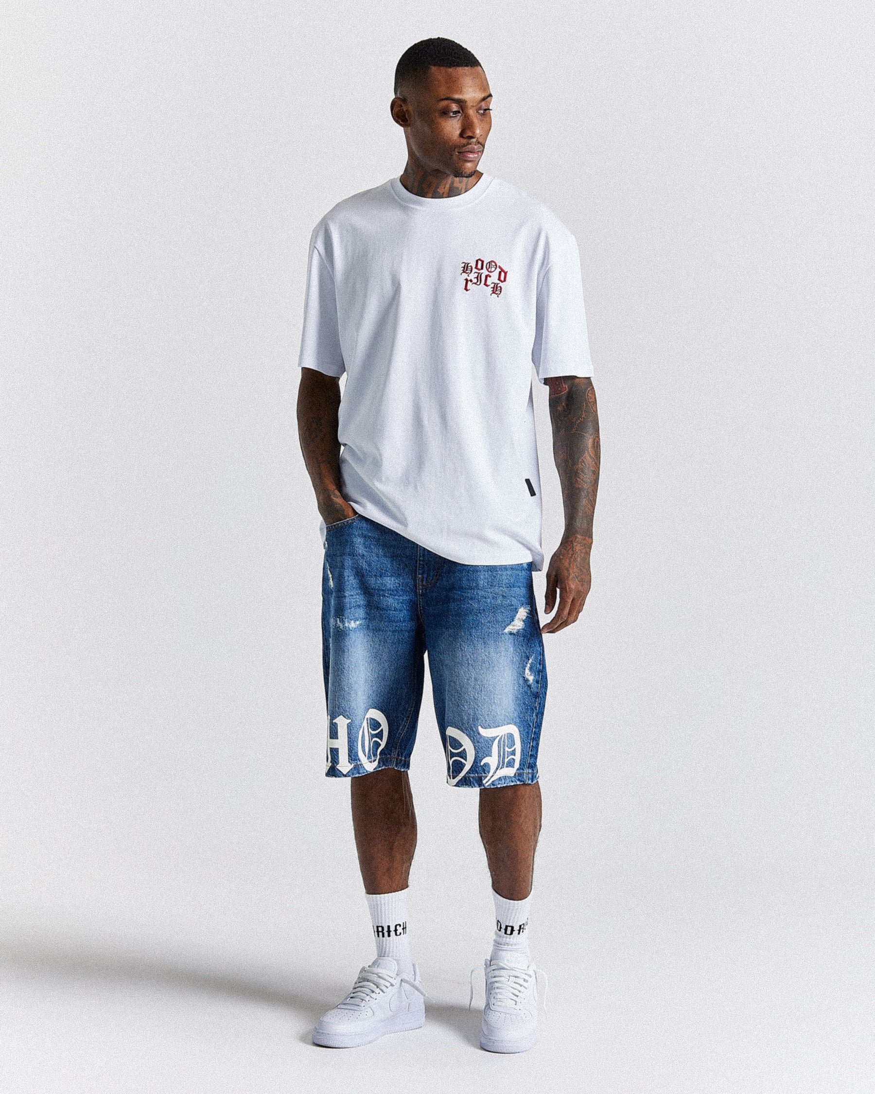 Old English Denim Shorts - Light Blue/White