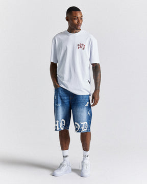 Old English Denim Shorts - Light Blue/White