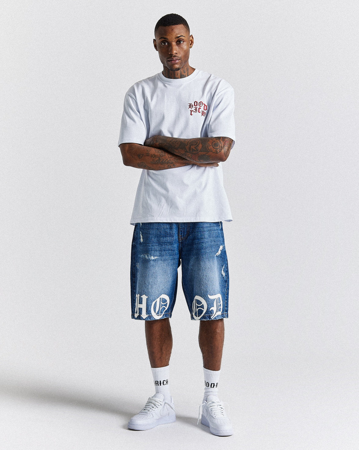 Old English Denim Shorts - Light Blue/White