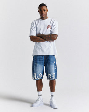 Old English Denim Shorts - Light Blue/White