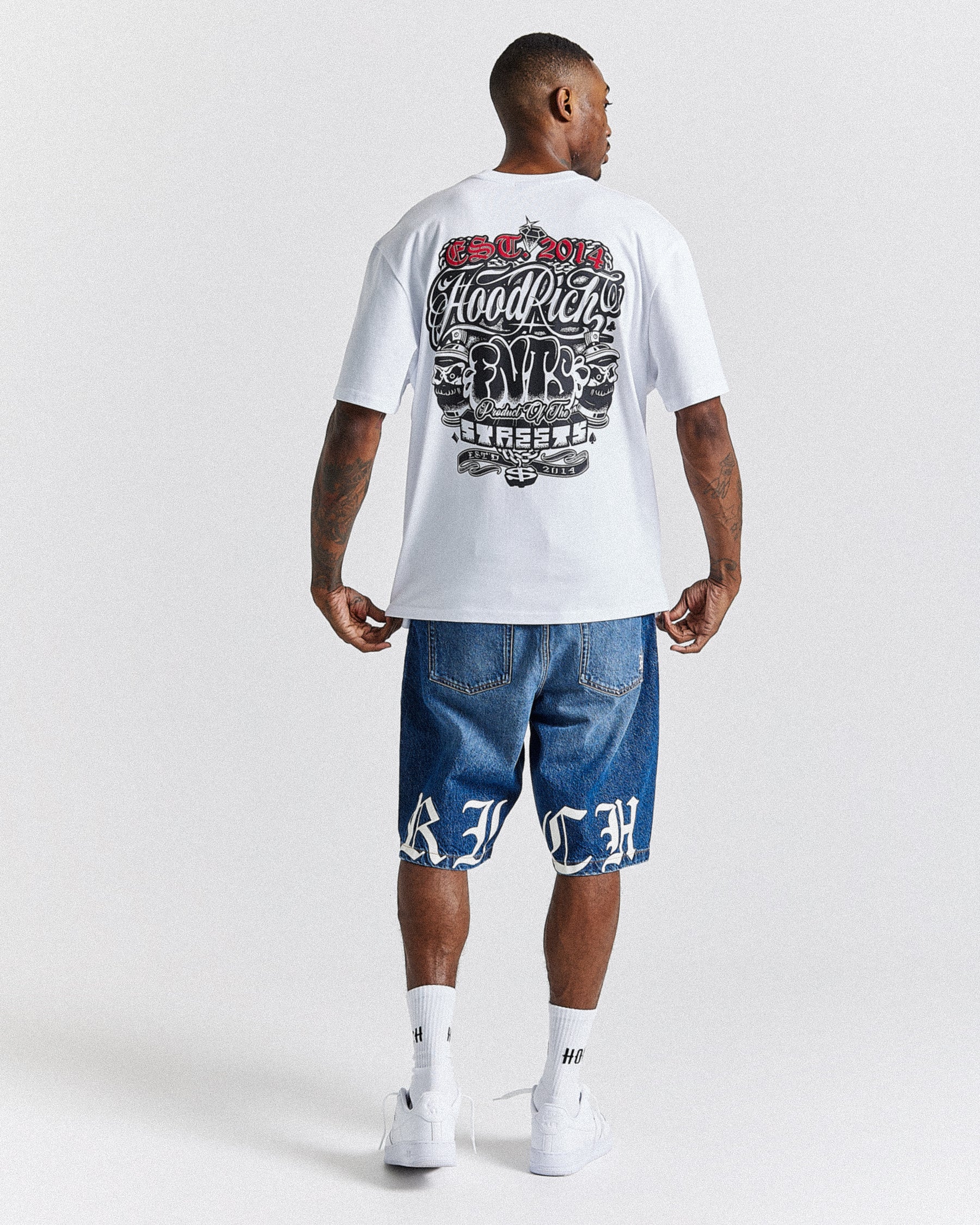 Old English Denim Shorts - Light Blue/White