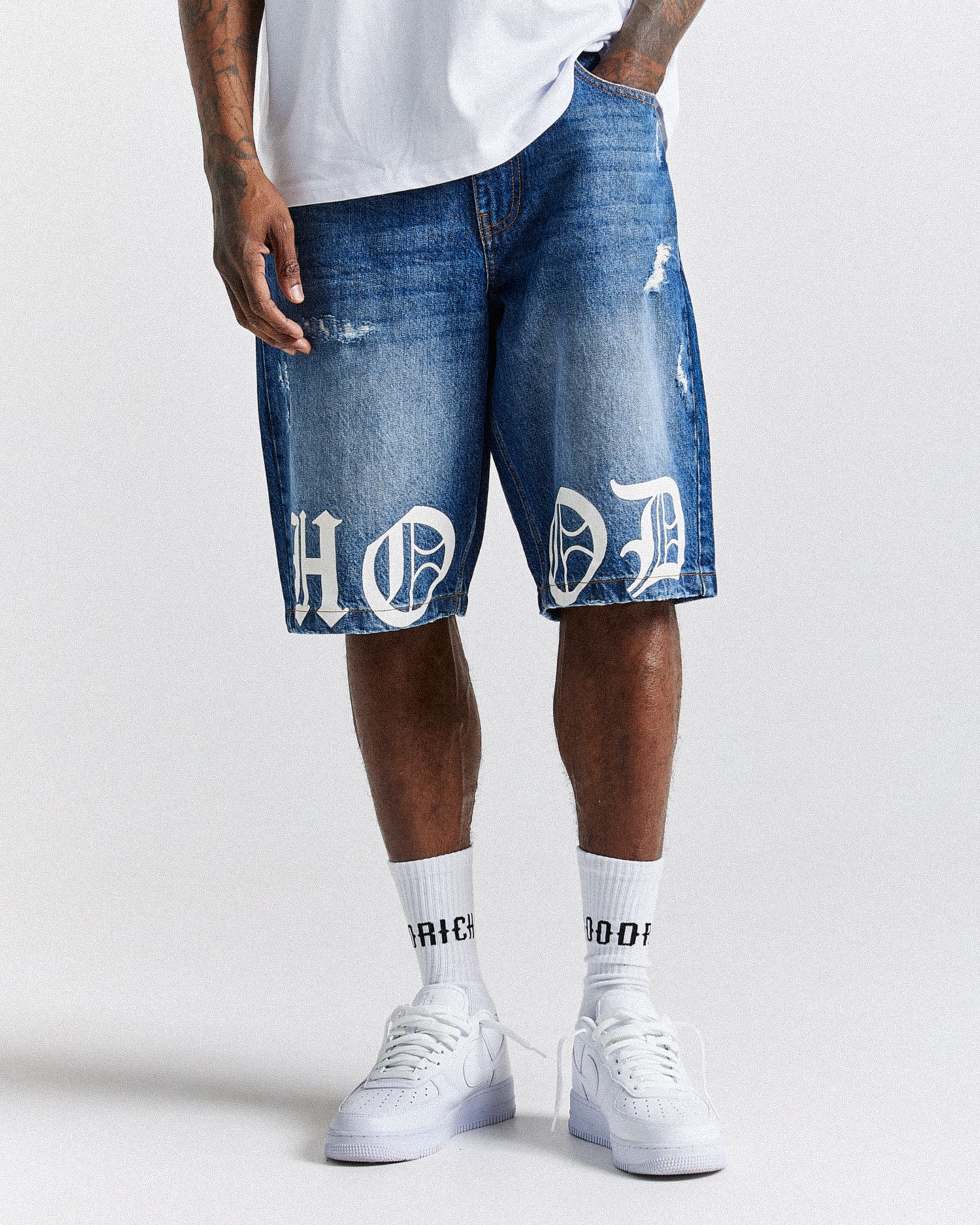 Old English Denim Shorts - Light Blue/White