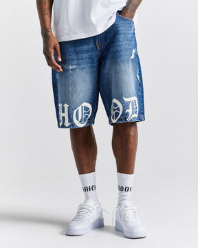Old English Denim Shorts - Light Blue/White
