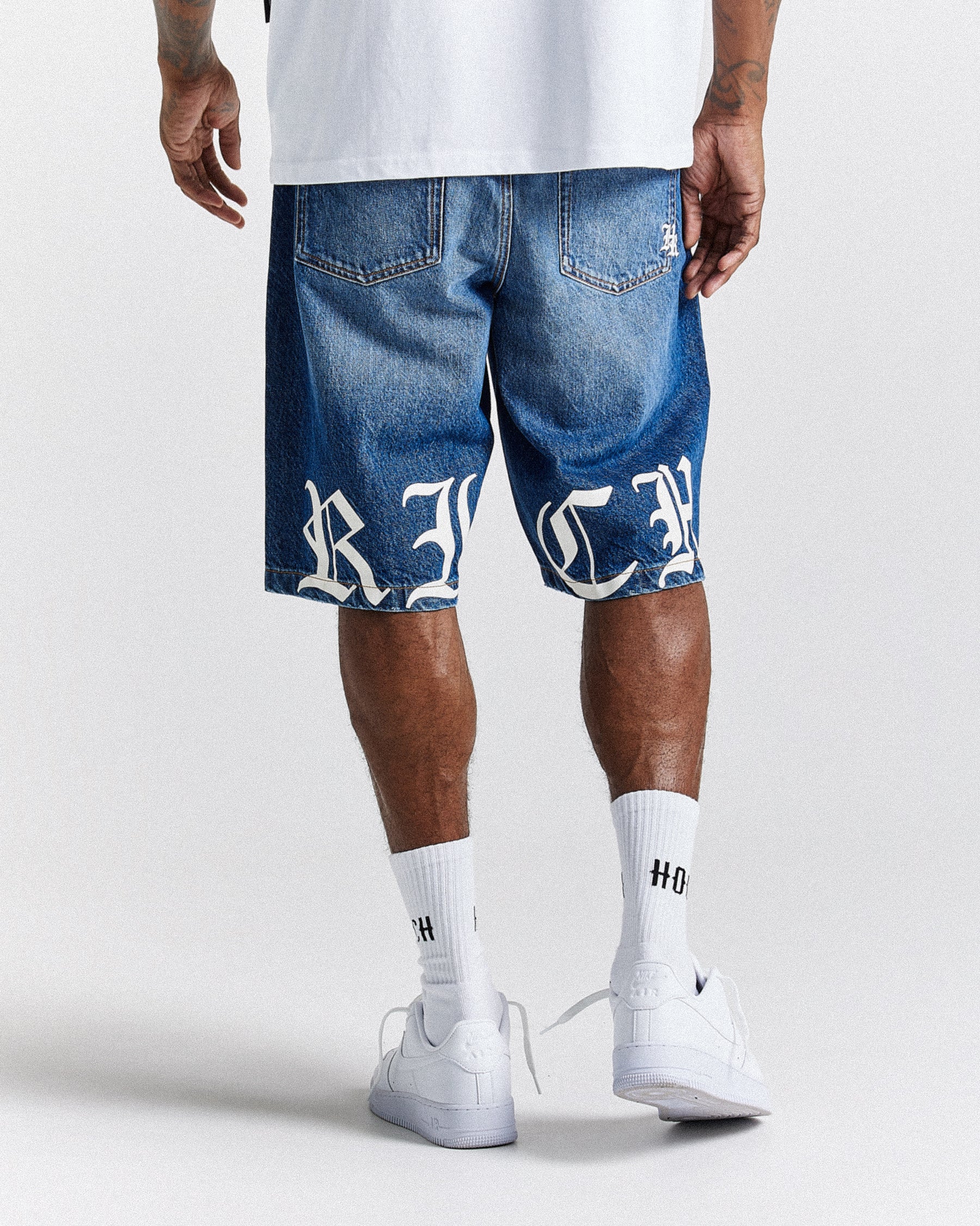 Old English Denim Shorts - Light Blue/White