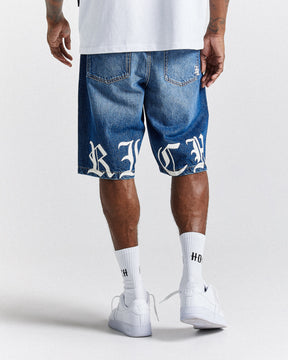 Old English Denim Shorts - Light Blue/White