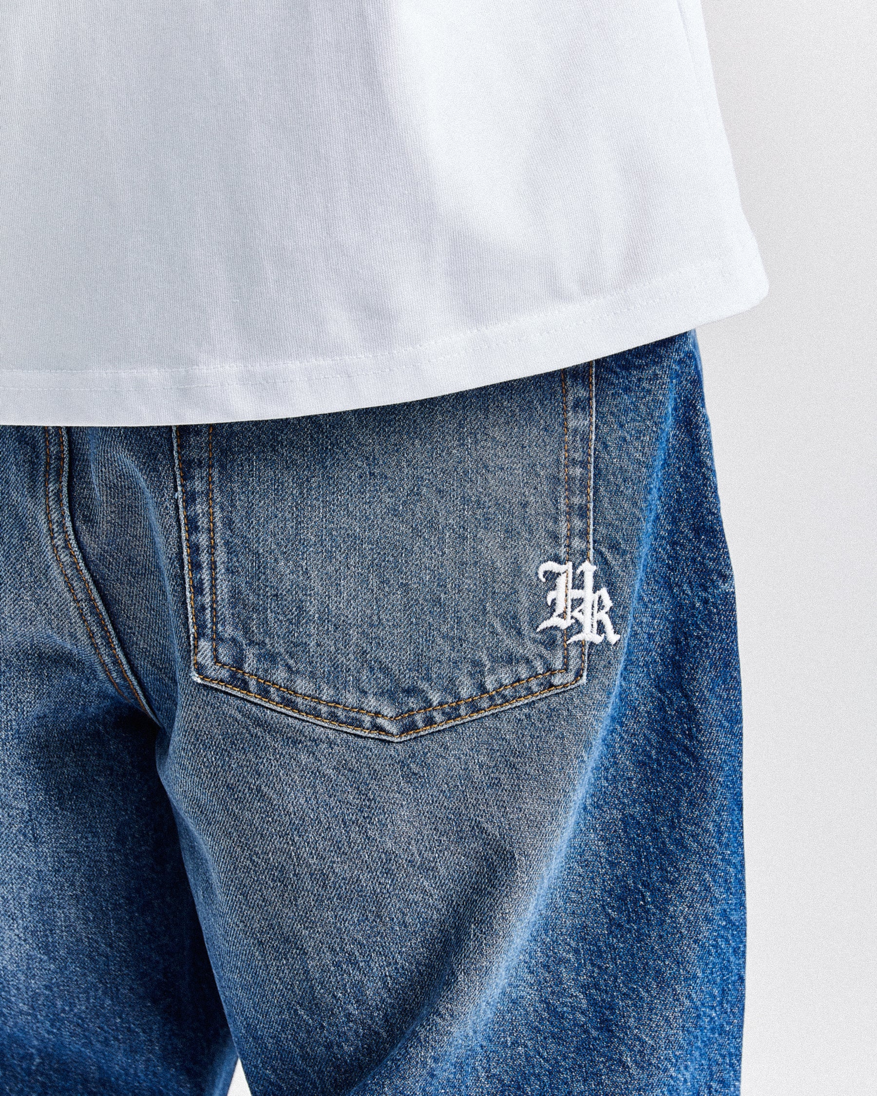 Old English Denim Shorts - Light Blue/White