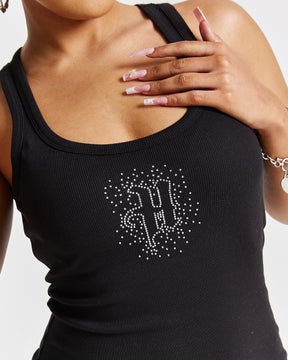 Diffuse Ribbed Fitted Dress - Black/Rhinestone