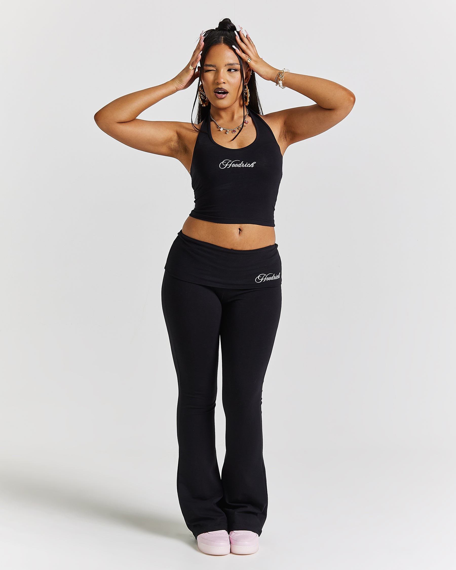 Poise Fold Over Flare Leggings - Black/white