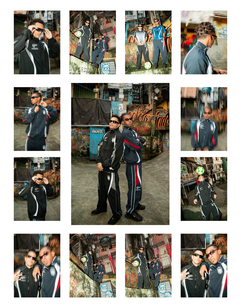 An image grid 13 images, one main image framed by 12 smaller images. The images contain two male models posing and playing football in full Hoodrich tarcksuits.